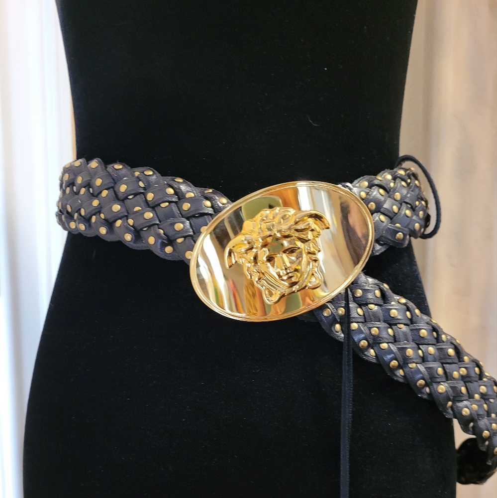Versace Medusa Medallion Black and Gold Braided Studded Belt. Rare Find 85/34 - Picture 13 of 17